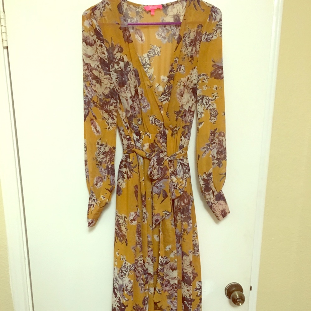 Sunset yellow Spring dress with purple flowers